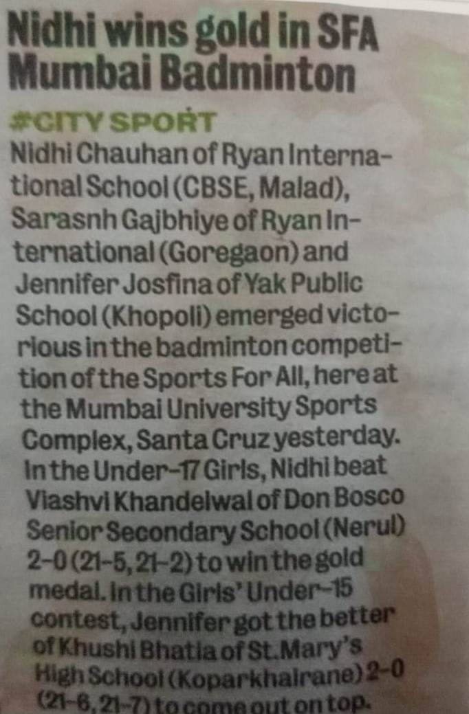 Nidhi wins Gold in SFA Mumbai Badminton - Ryan International School, Malad West